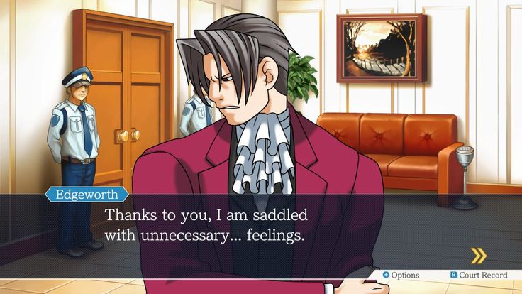 Screenshot of Phoenix Wright: Ace Attorney with the text "Text file with the string: "Thanks to you, I am saddled with unnecessary... feelings." but with a line break in-between the words "saddled" and "with."