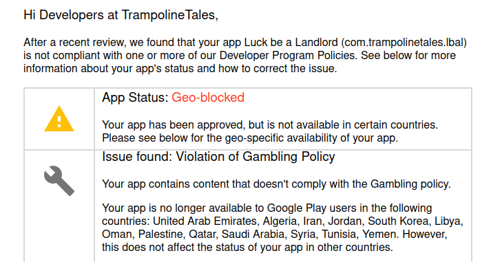 Luck be a Landlord is now banned in 13 countries on the Google Play Store